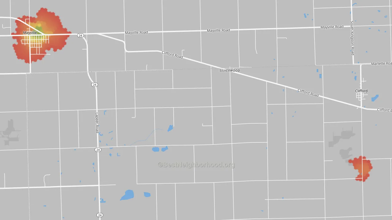 Walk Grade map of Silverwood, MI, walkable areas in green and car-dependent areas in red