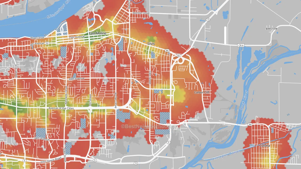 Walk Grade map of Silvis, IL, walkable areas in green and car-dependent areas in red
