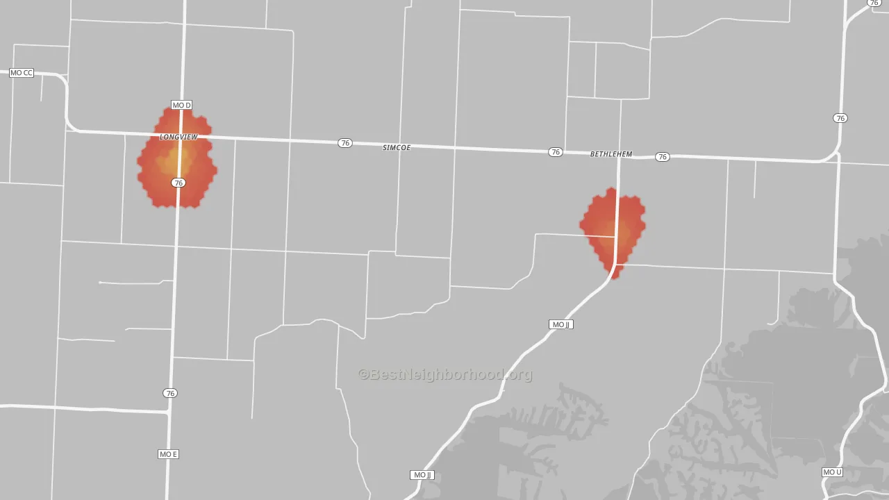 Walk Grade map of Simcoe, MO, walkable areas in green and car-dependent areas in red