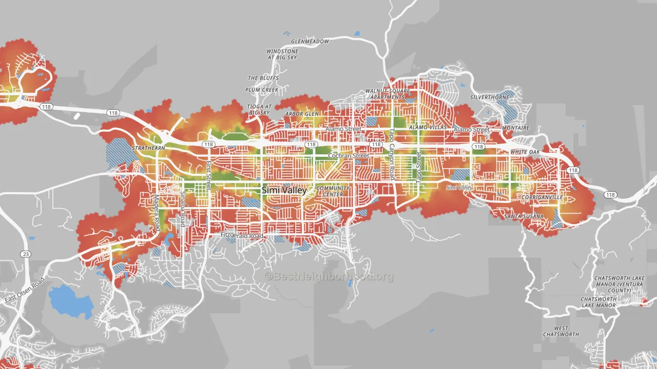Walk Grade map of Simi Valley, CA, walkable areas in green and car-dependent areas in red