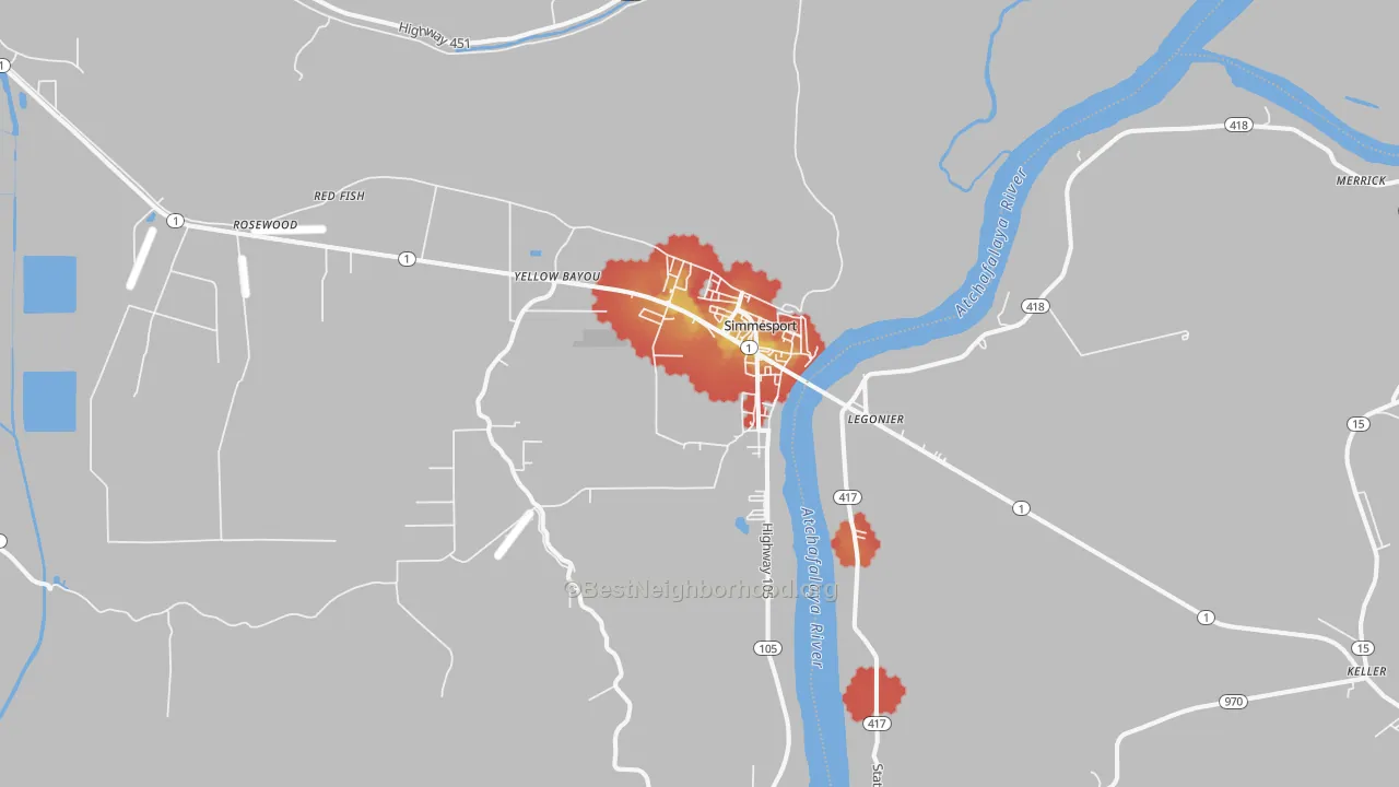 Walk Grade map of Simmesport, LA, walkable areas in green and car-dependent areas in red