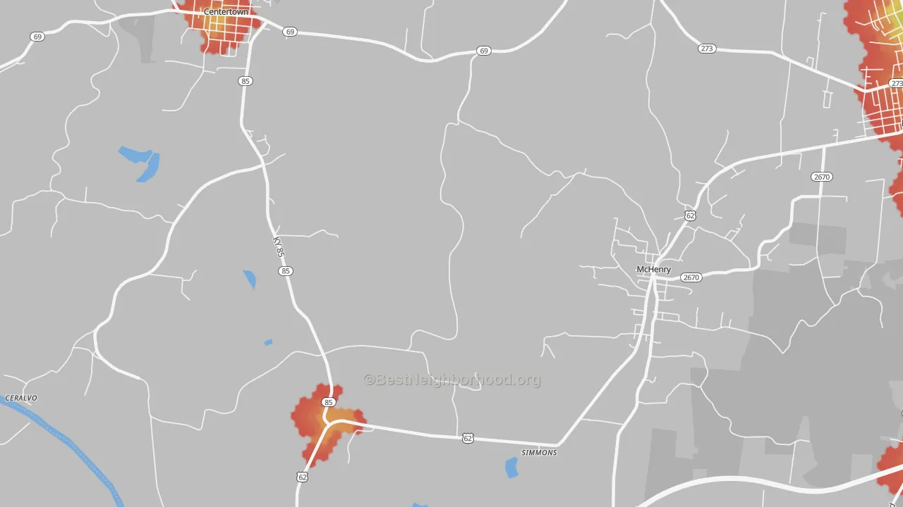 Walk Grade map of Simmons, KY, walkable areas in green and car-dependent areas in red