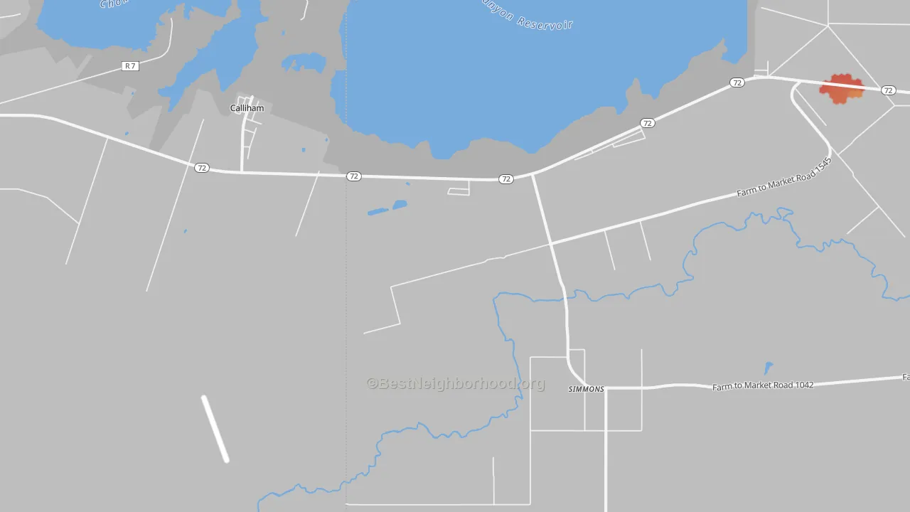 Walk Grade map of Simmons, TX, walkable areas in green and car-dependent areas in red