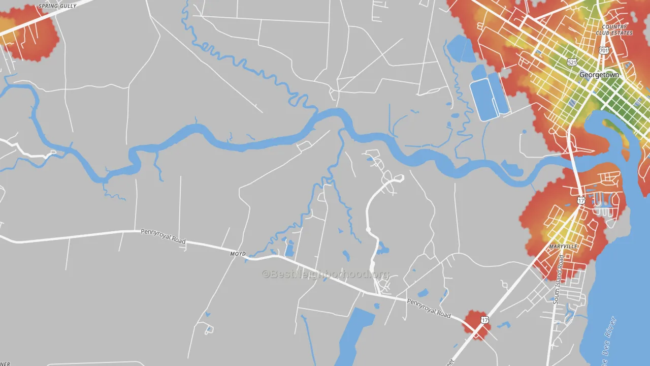 Walk Grade map of Simmonsville, SC, walkable areas in green and car-dependent areas in red