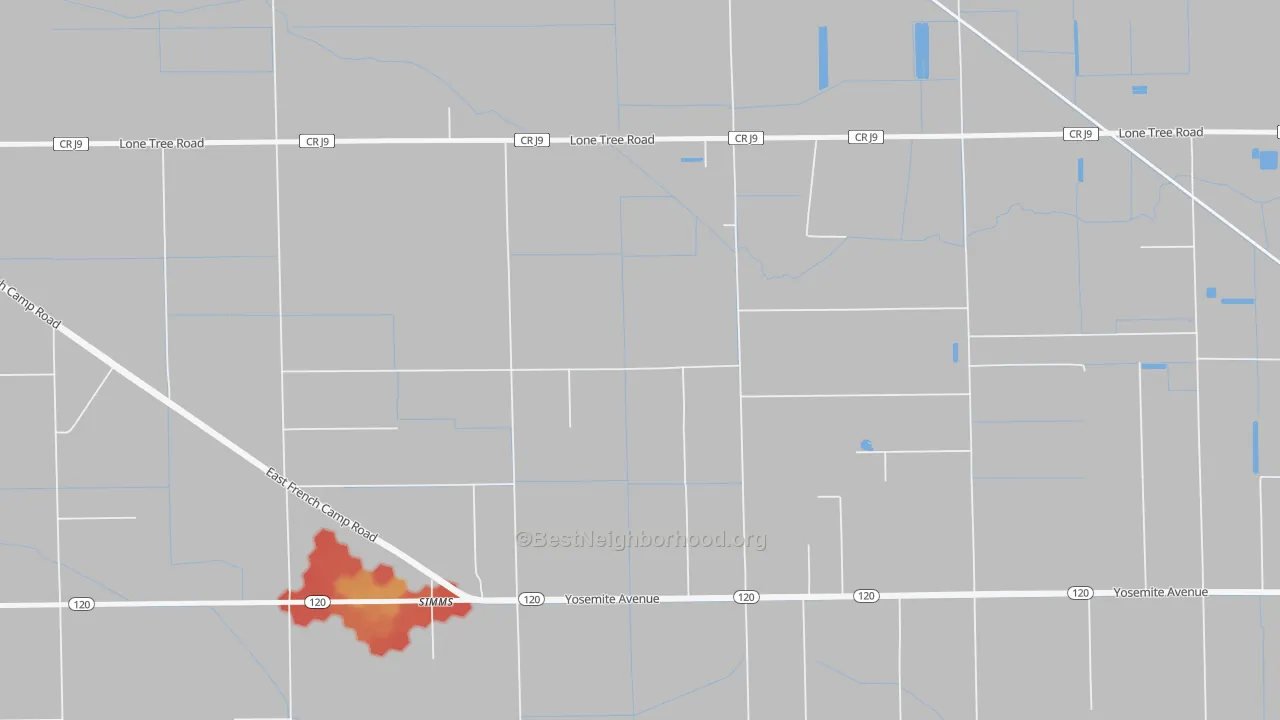 Walk Grade map of Simms, CA, walkable areas in green and car-dependent areas in red