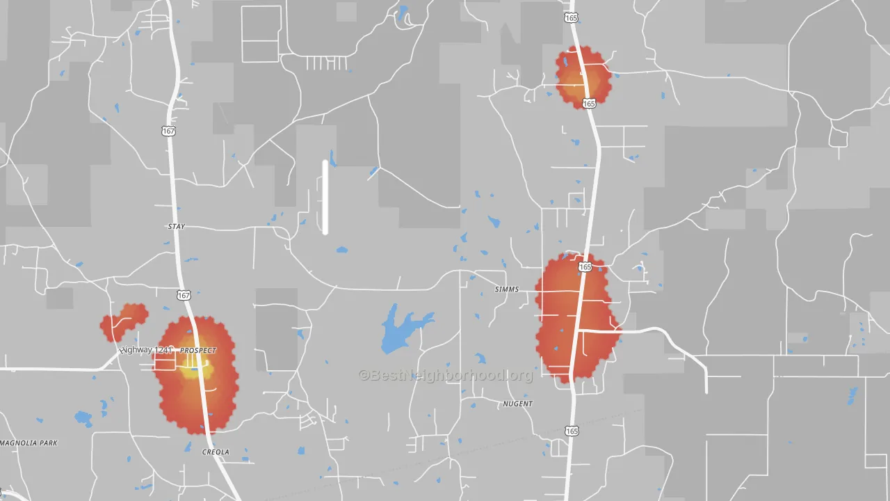 Walk Grade map of Simms, LA, walkable areas in green and car-dependent areas in red