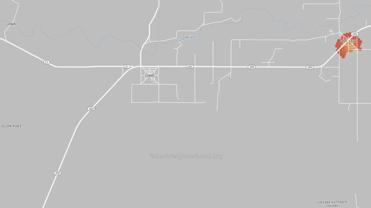 Walk Grade map of Simms, MT, walkable areas in green and car-dependent areas in red