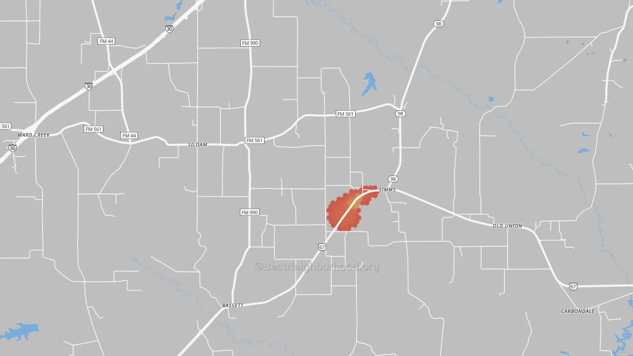 Walk Grade map of Simms, TX, walkable areas in green and car-dependent areas in red