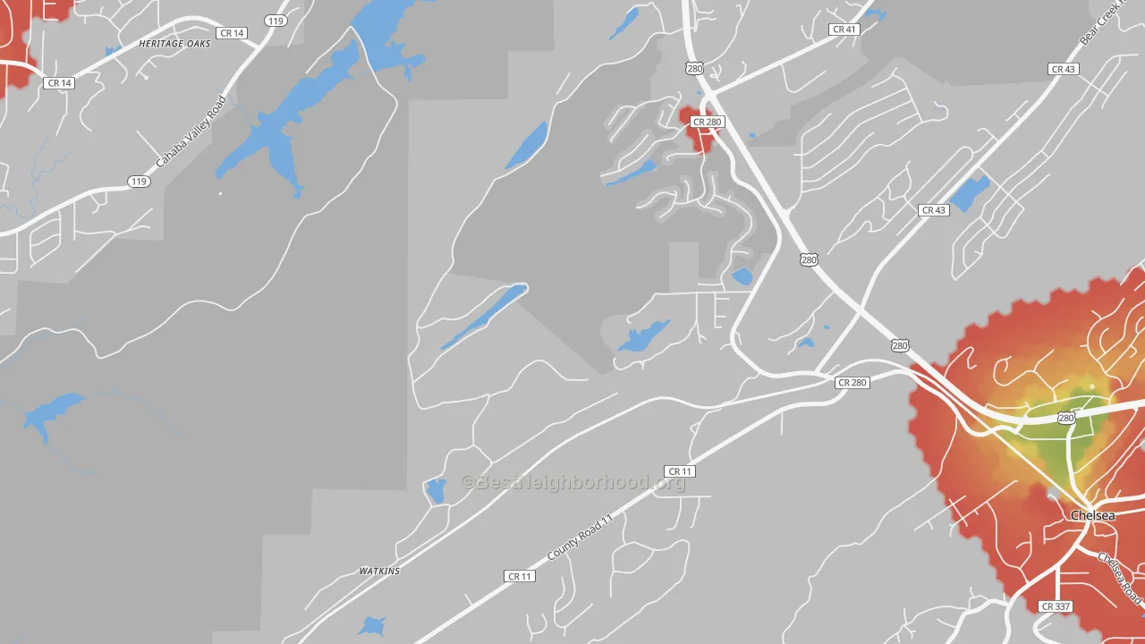 Walk Grade map of Simmsville, AL, walkable areas in green and car-dependent areas in red