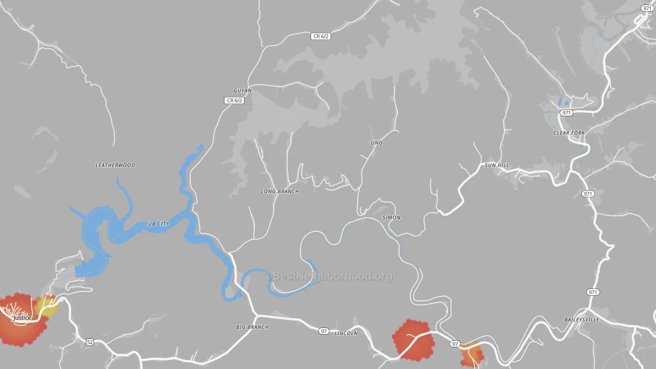 Walk Grade map of Simon, WV, walkable areas in green and car-dependent areas in red