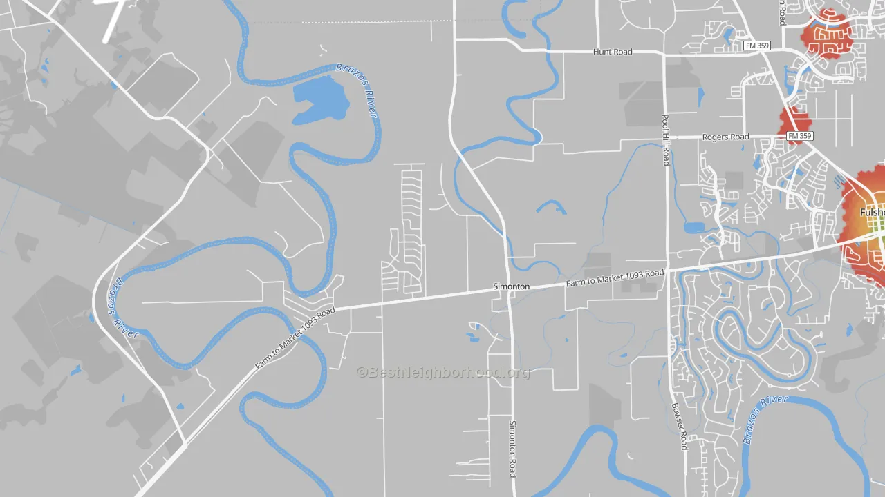 Walk Grade map of Simonton, TX, walkable areas in green and car-dependent areas in red