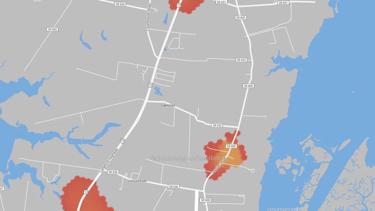 Walk Grade map of Simpkins, VA, walkable areas in green and car-dependent areas in red