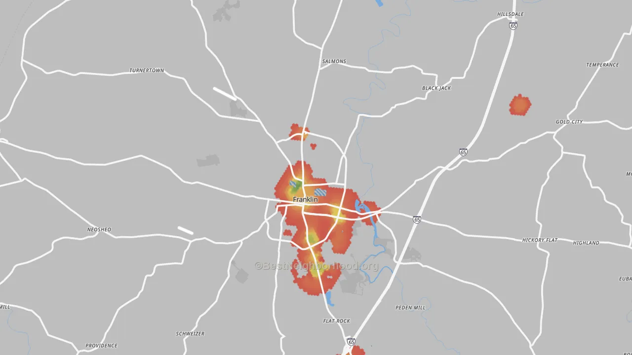 Walk Grade map of Simpson County, KY, walkable areas in green and car-dependent areas in red