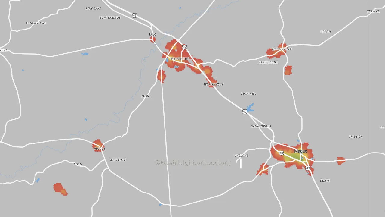 Walk Grade map of Simpson County, MS, walkable areas in green and car-dependent areas in red