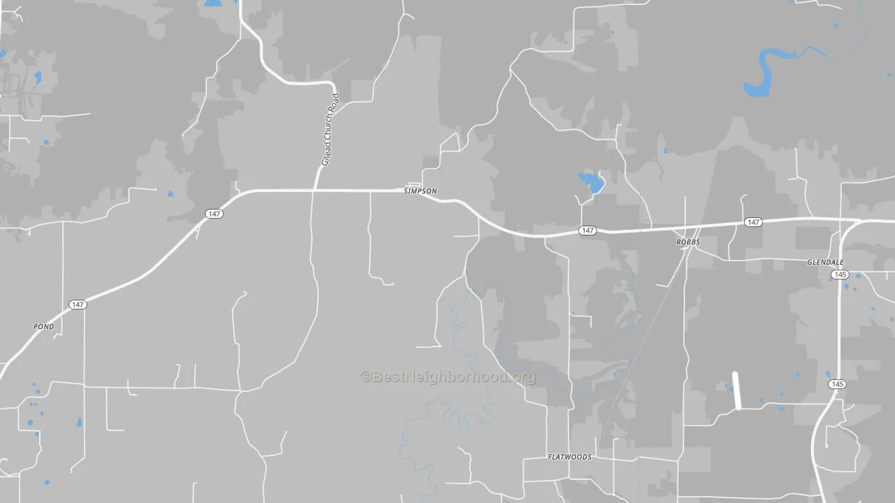 Walk Grade map of Simpson, IL, walkable areas in green and car-dependent areas in red