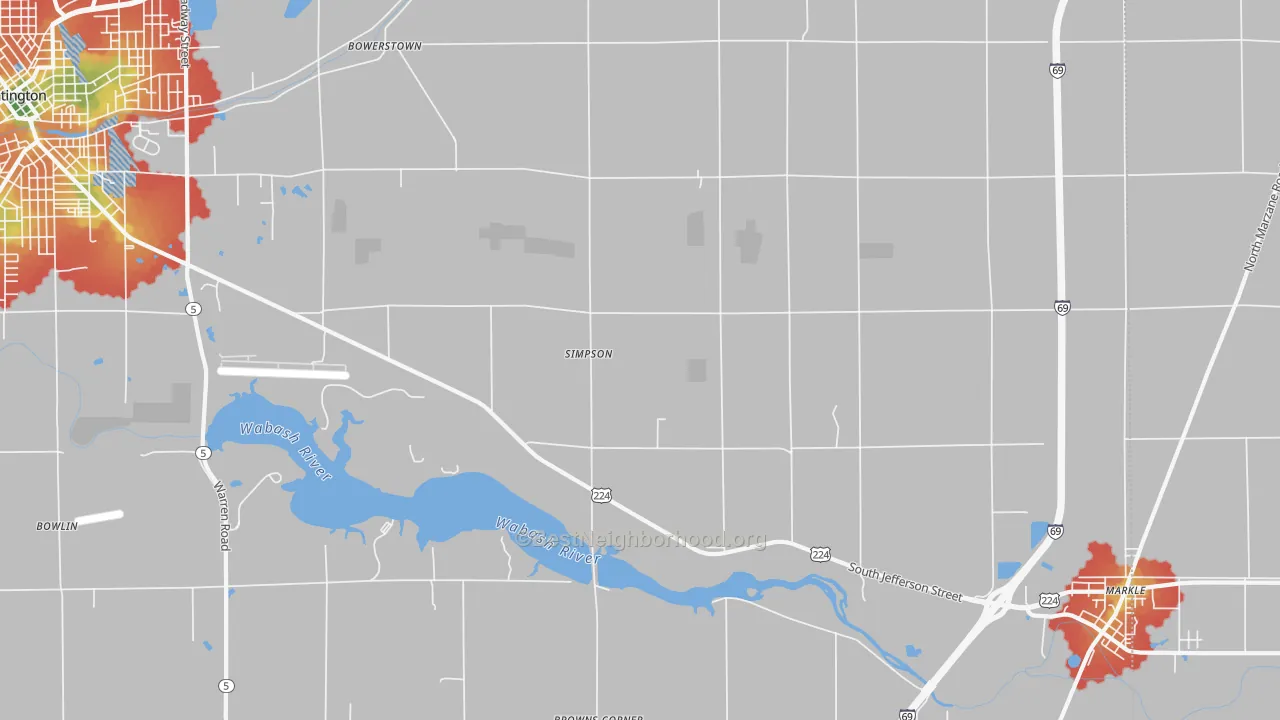 Walk Grade map of Simpson, IN, walkable areas in green and car-dependent areas in red
