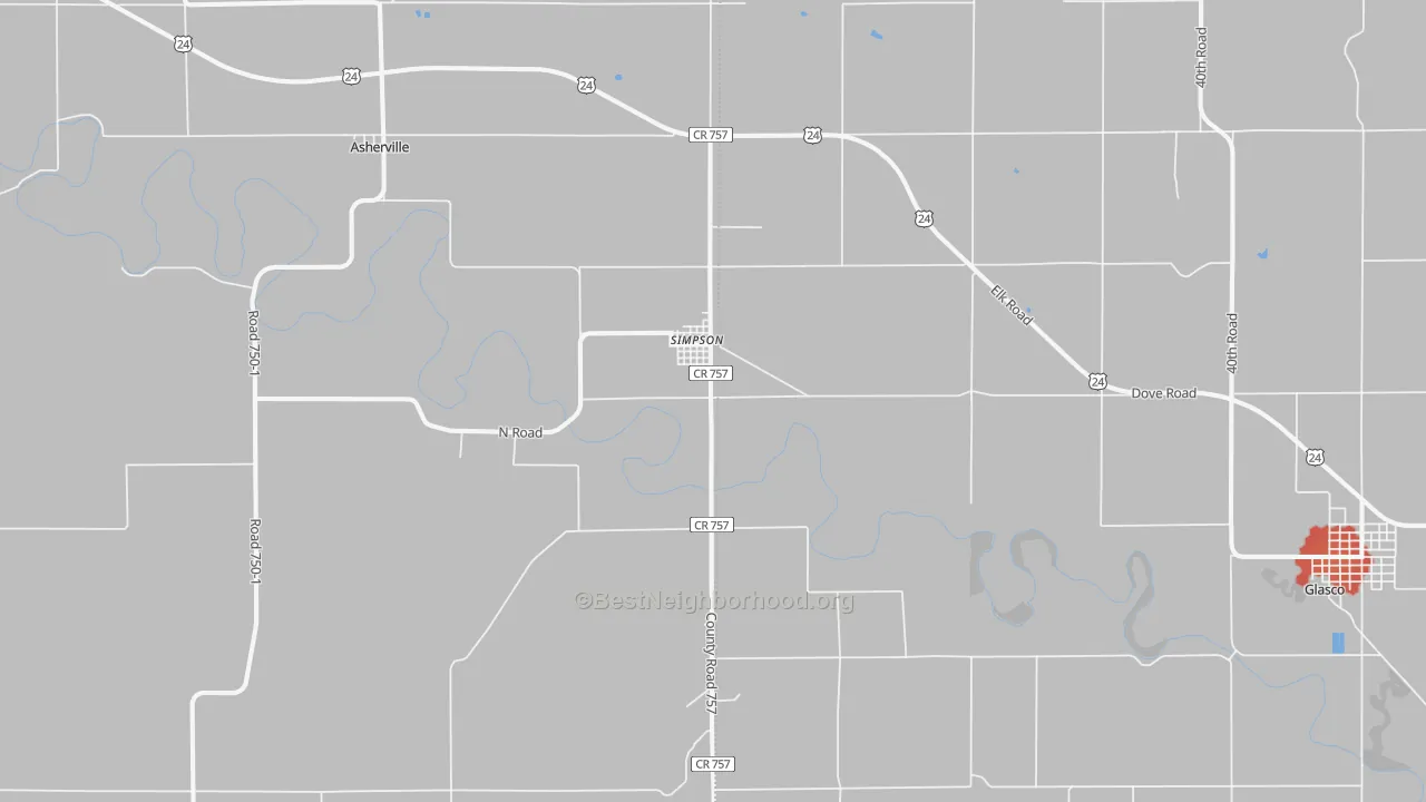 Walk Grade map of Simpson, KS, walkable areas in green and car-dependent areas in red