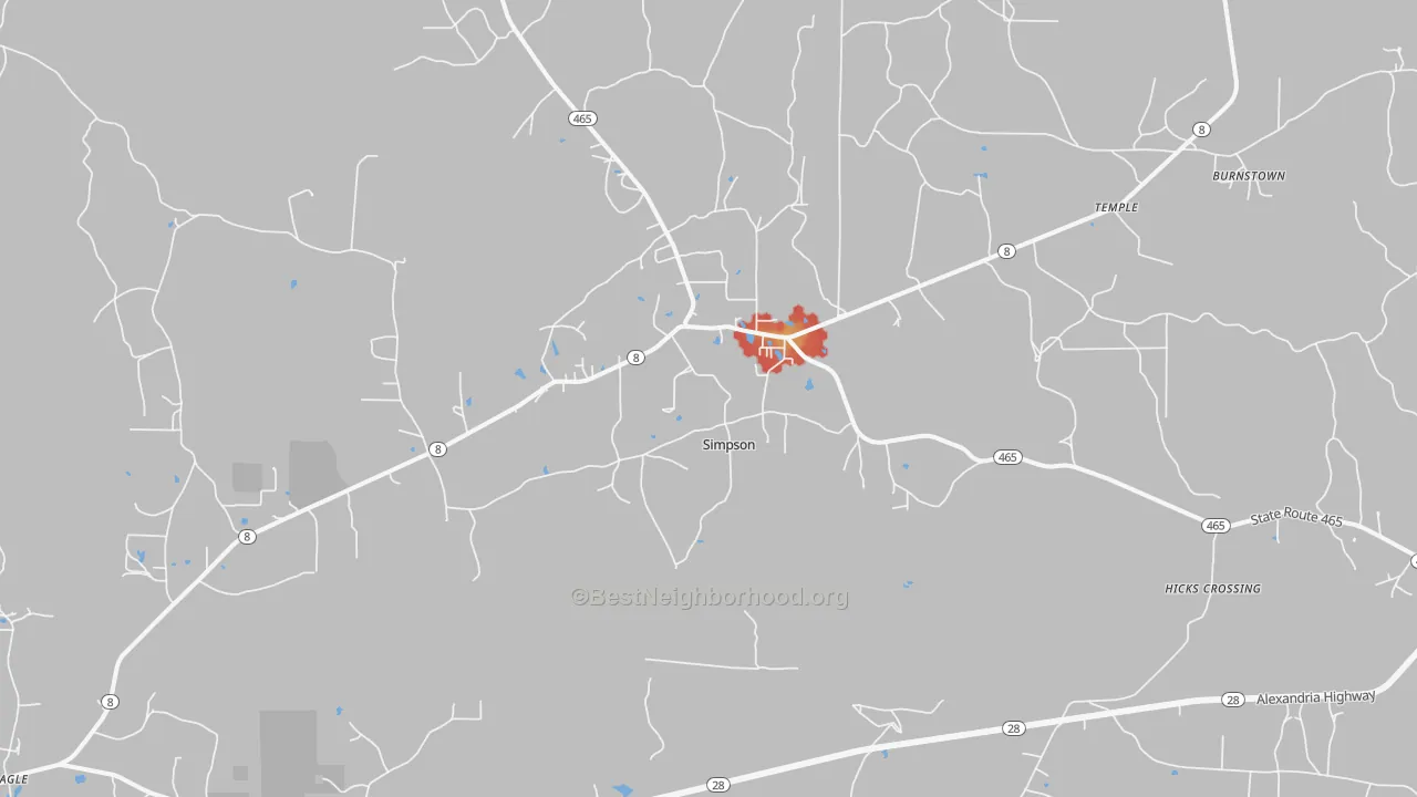 Walk Grade map of Simpson, LA, walkable areas in green and car-dependent areas in red