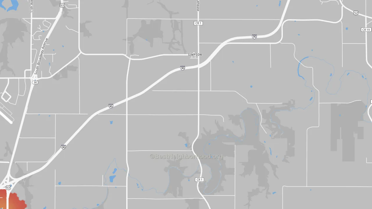 Walk Grade map of Simpson, MN, walkable areas in green and car-dependent areas in red