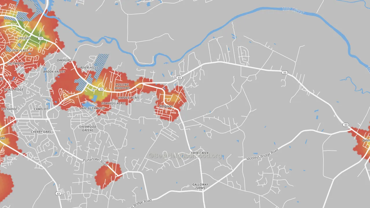 Walk Grade map of Simpson, NC, walkable areas in green and car-dependent areas in red