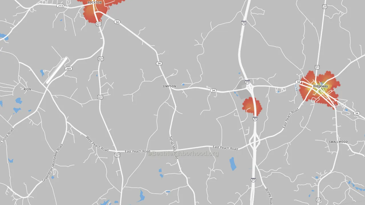 Walk Grade map of Simpson, SC, walkable areas in green and car-dependent areas in red