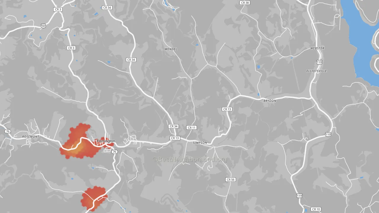 Walk Grade map of Simpson, WV, walkable areas in green and car-dependent areas in red