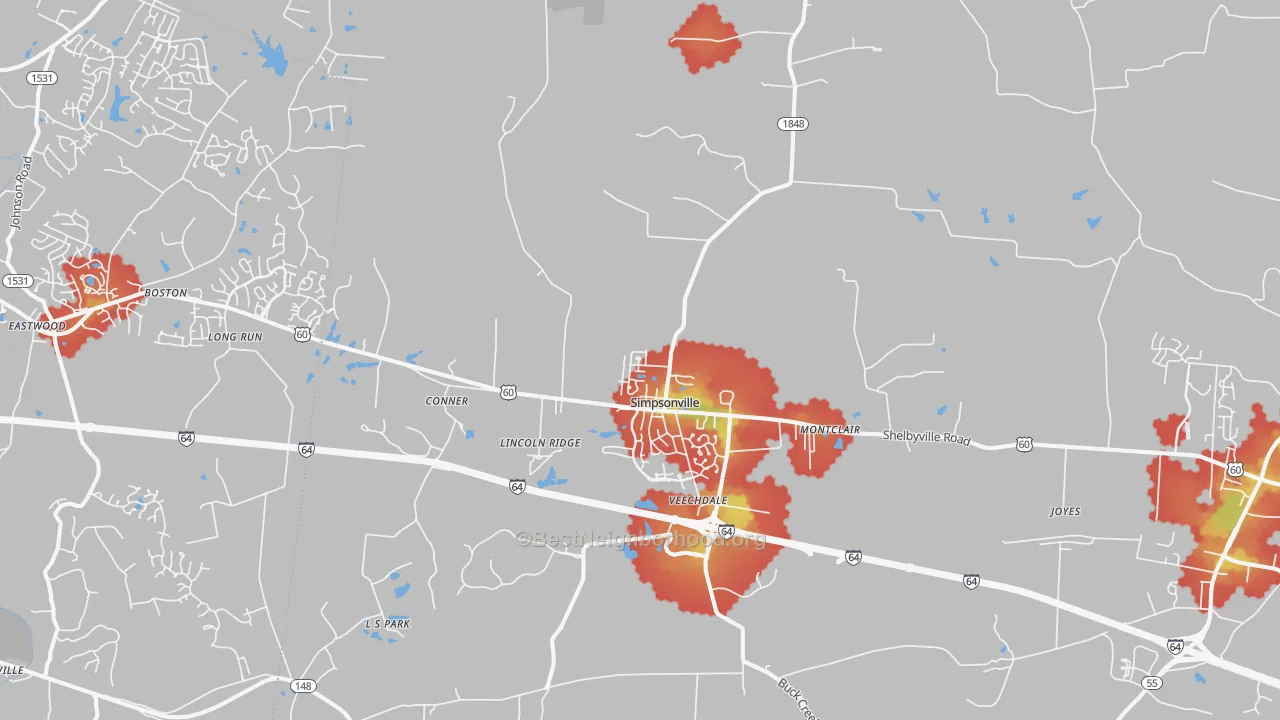Walk Grade map of Simpsonville, KY, walkable areas in green and car-dependent areas in red