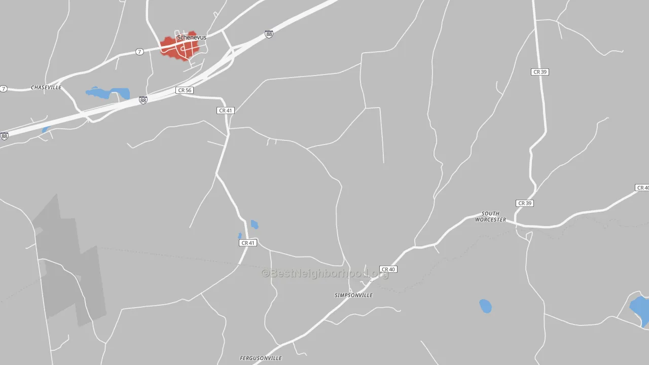 Walk Grade map of Simpsonville, NY, walkable areas in green and car-dependent areas in red