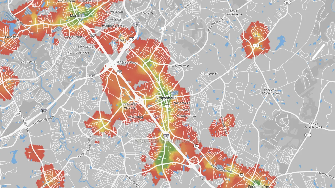 Walk Grade map of Simpsonville, SC, walkable areas in green and car-dependent areas in red