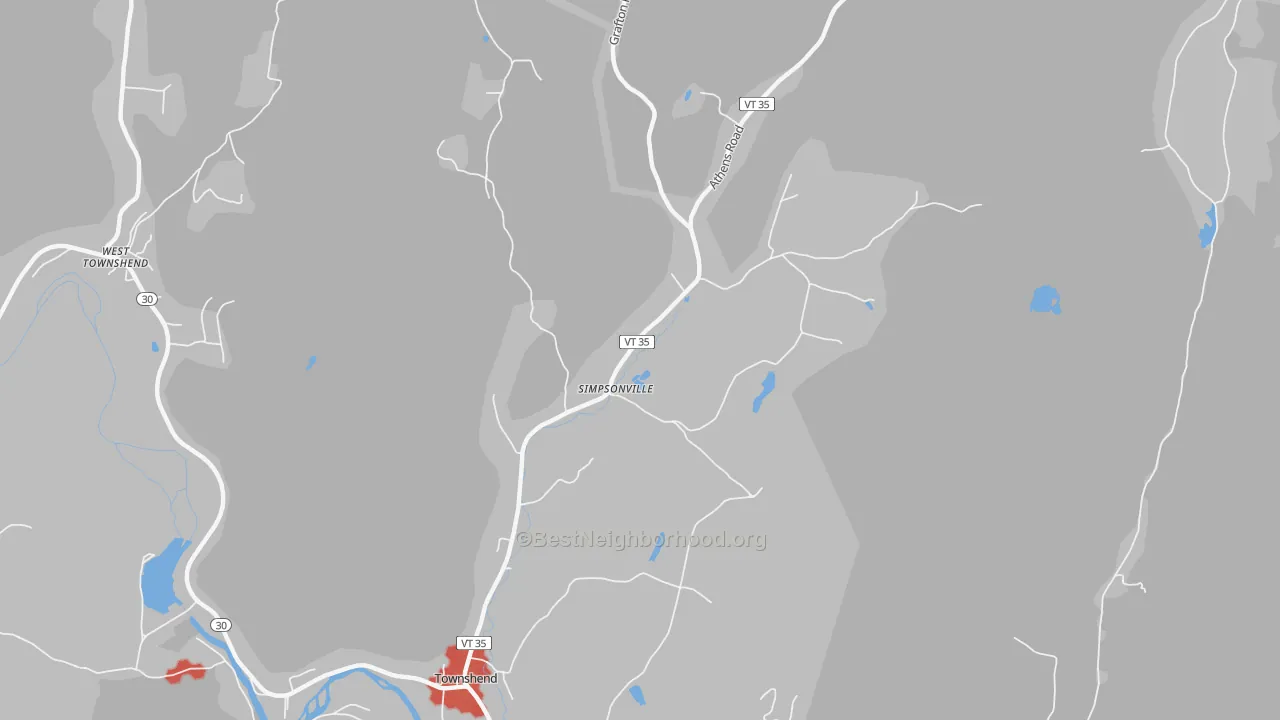 Walk Grade map of Simpsonville, VT, walkable areas in green and car-dependent areas in red