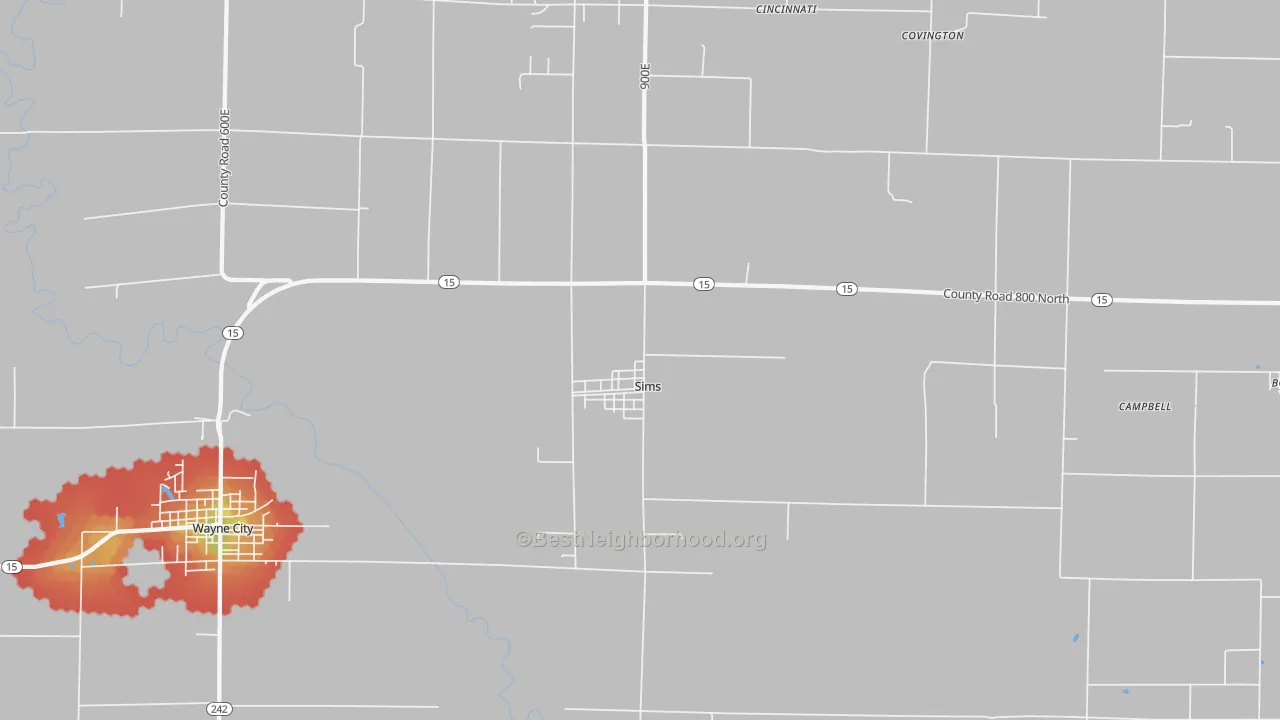 Walk Grade map of Sims, IL, walkable areas in green and car-dependent areas in red