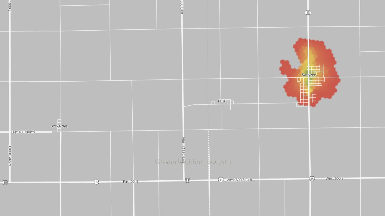 Walk Grade map of Sims, IN, walkable areas in green and car-dependent areas in red