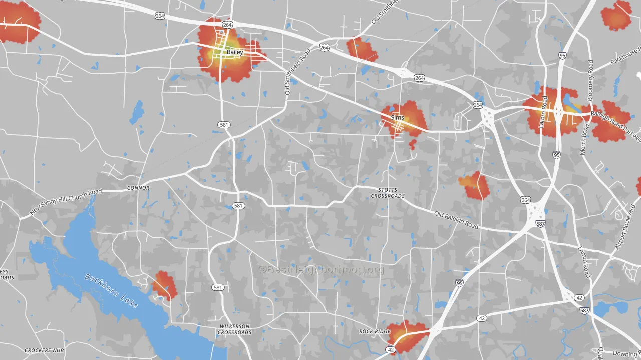 Walk Grade map of Sims, NC, walkable areas in green and car-dependent areas in red
