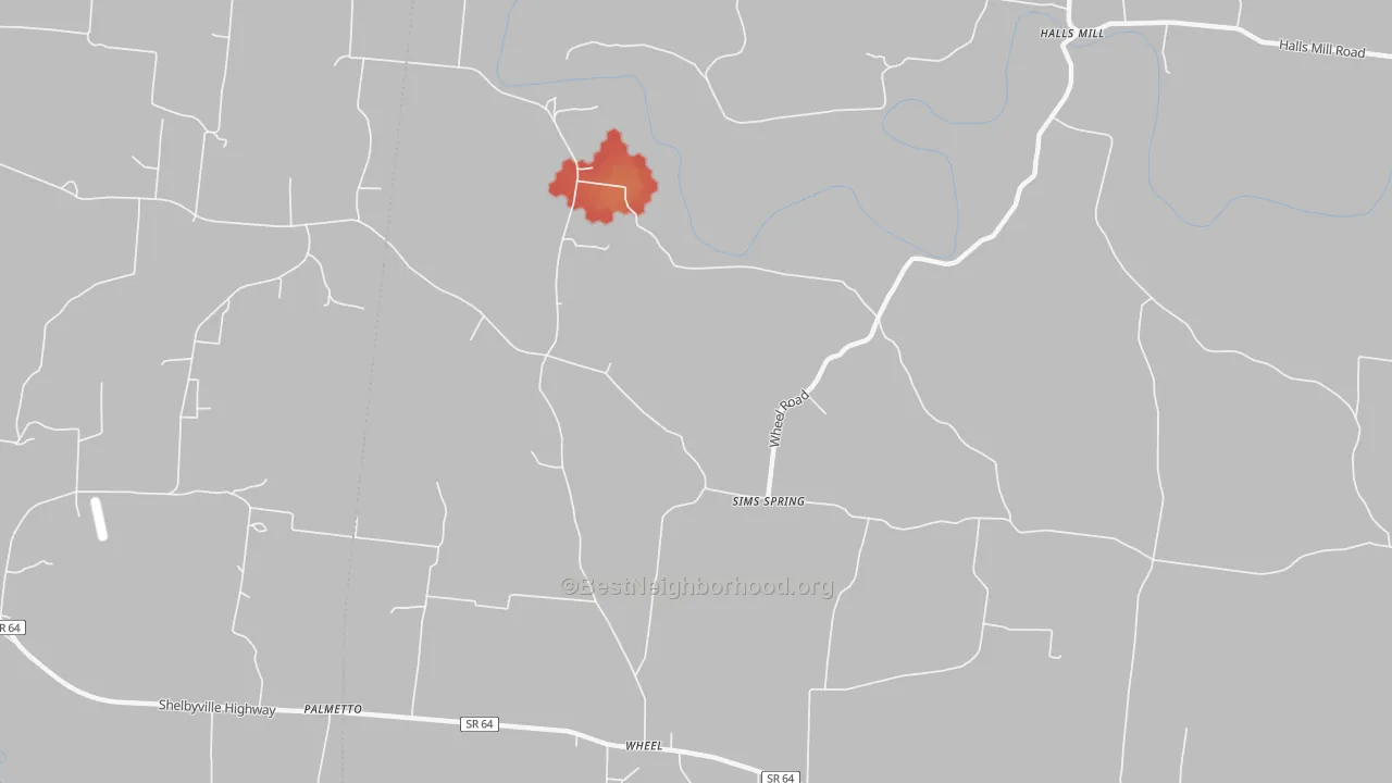 Walk Grade map of Sims Spring, TN, walkable areas in green and car-dependent areas in red