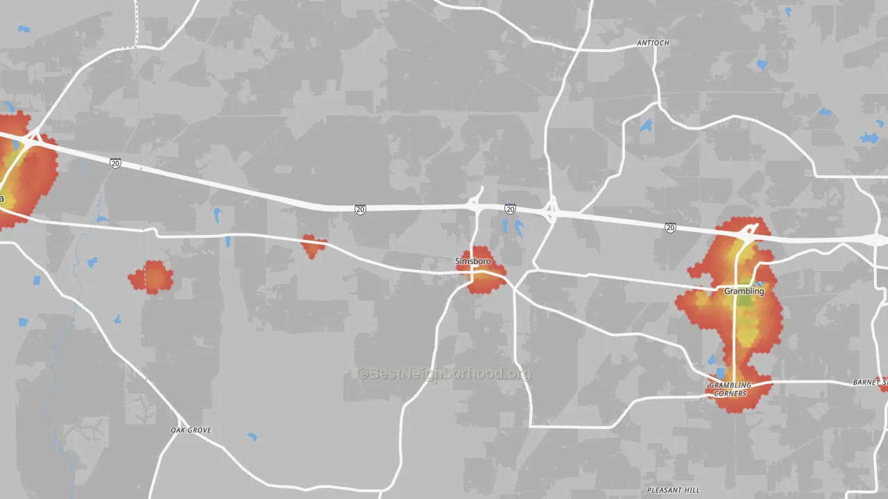 Walk Grade map of Simsboro, LA, walkable areas in green and car-dependent areas in red