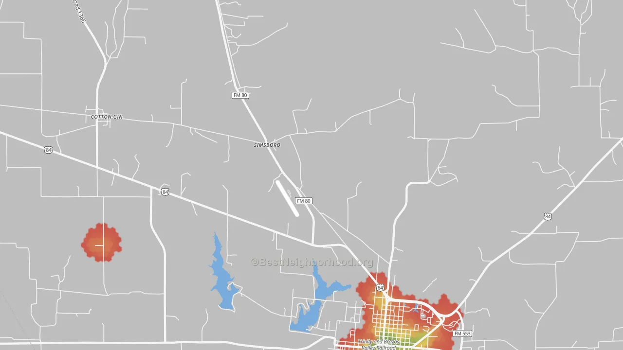 Walk Grade map of Simsboro, TX, walkable areas in green and car-dependent areas in red