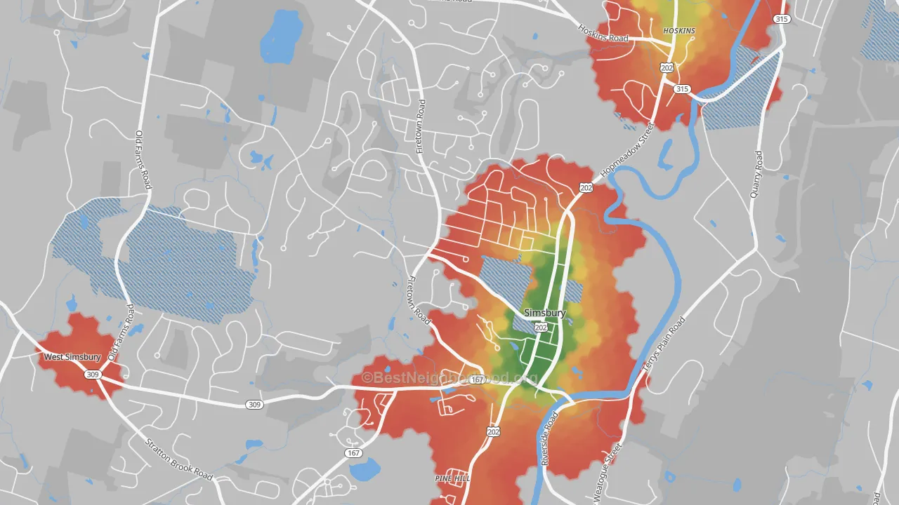 Walk Grade map of Simsbury Center, CT, walkable areas in green and car-dependent areas in red