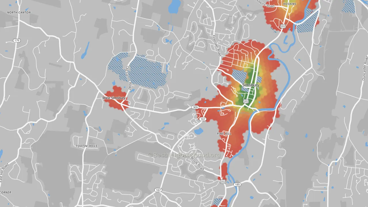 Walk Grade map of Simsbury, CT, walkable areas in green and car-dependent areas in red