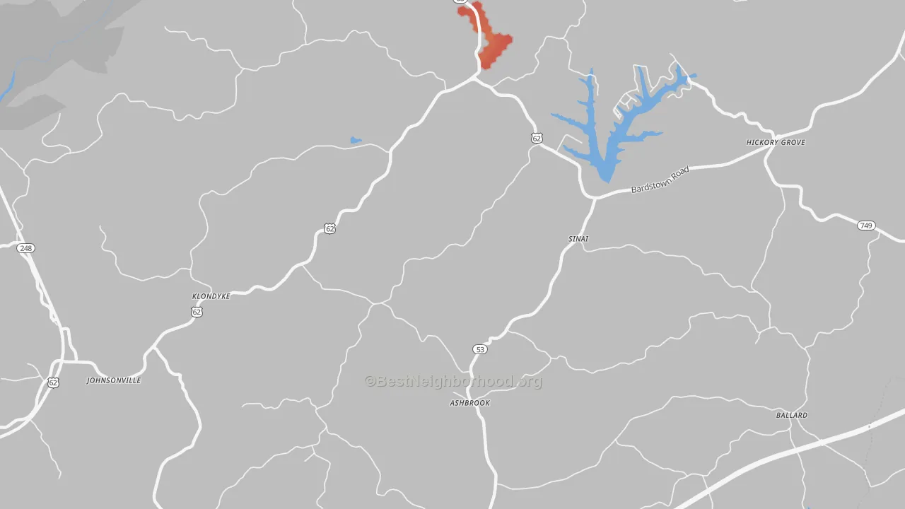 Walk Grade map of Sinai, KY, walkable areas in green and car-dependent areas in red