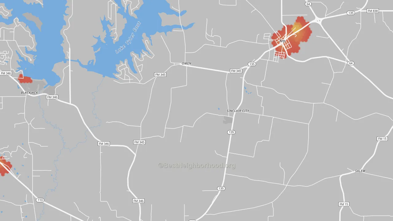 Walk Grade map of Sinclair City, TX, walkable areas in green and car-dependent areas in red