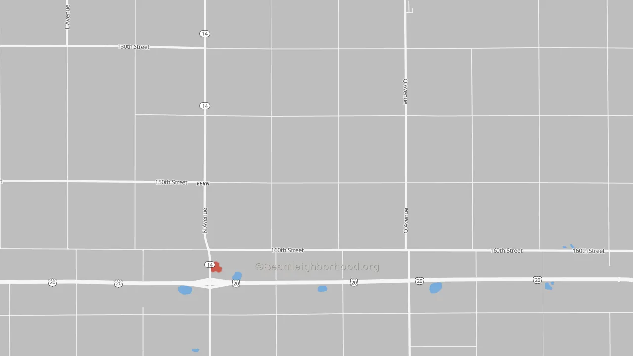 Walk Grade map of Sinclair, IA, walkable areas in green and car-dependent areas in red