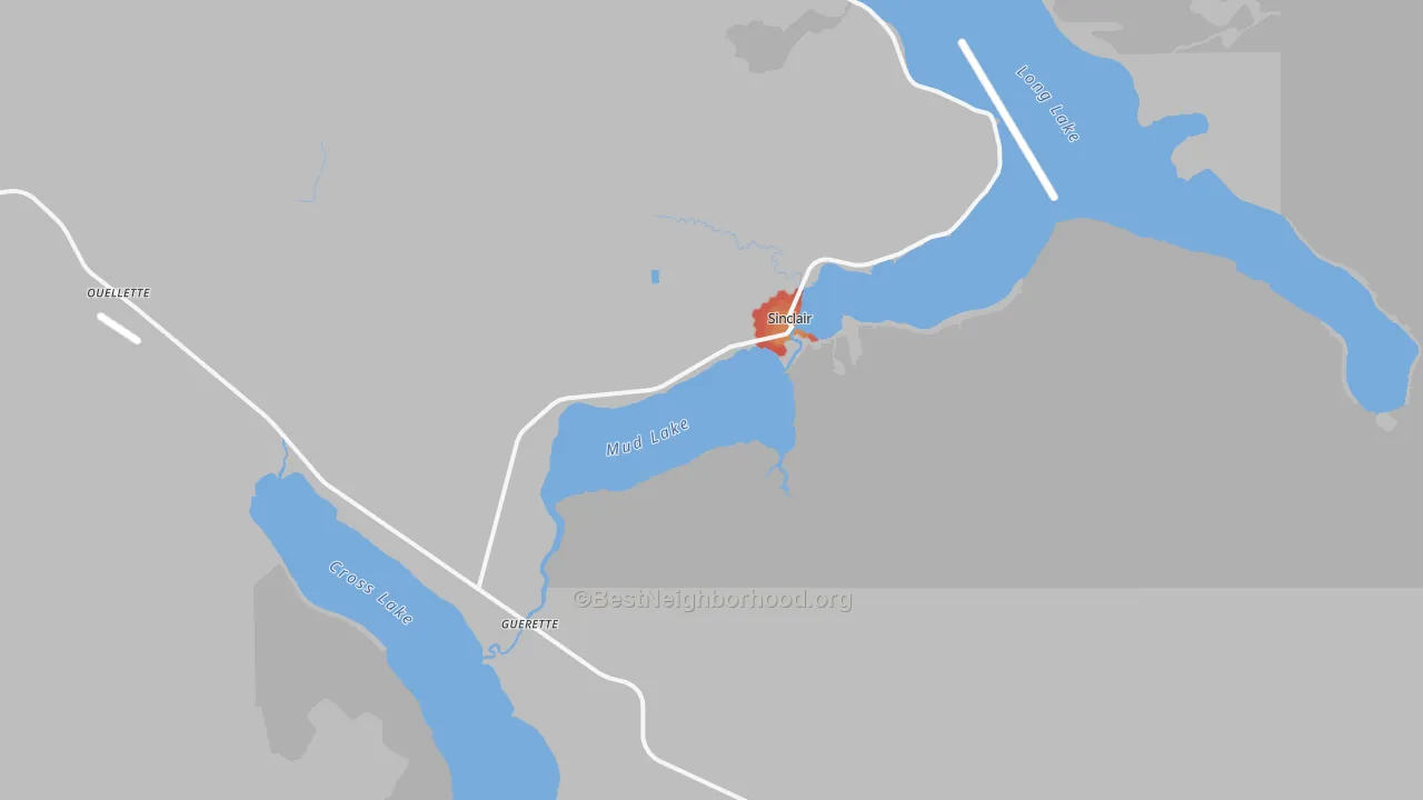 Walk Grade map of Sinclair, ME, walkable areas in green and car-dependent areas in red