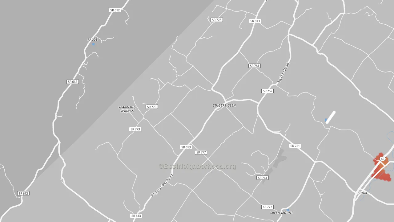 Walk Grade map of Singers Glen, VA, walkable areas in green and car-dependent areas in red