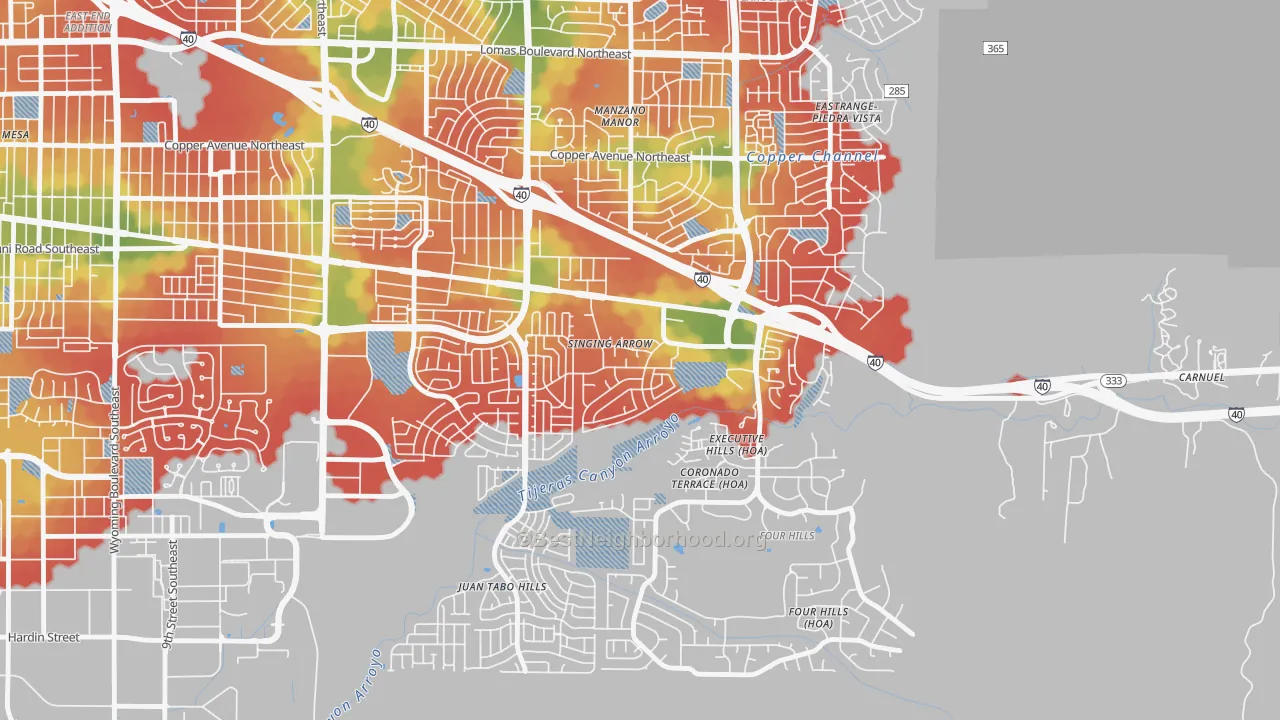 Walk Grade map of Singing Arrow, Albuquerque, NM, walkable areas in green and car-dependent areas in red
