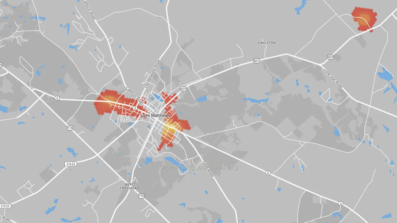 Walk Grade map of Singleton, SC, walkable areas in green and car-dependent areas in red