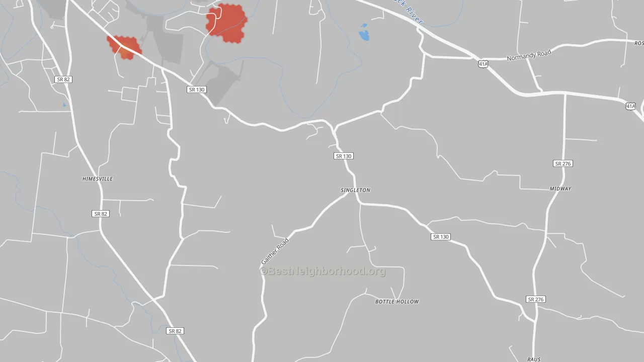 Walk Grade map of Singleton, TN, walkable areas in green and car-dependent areas in red