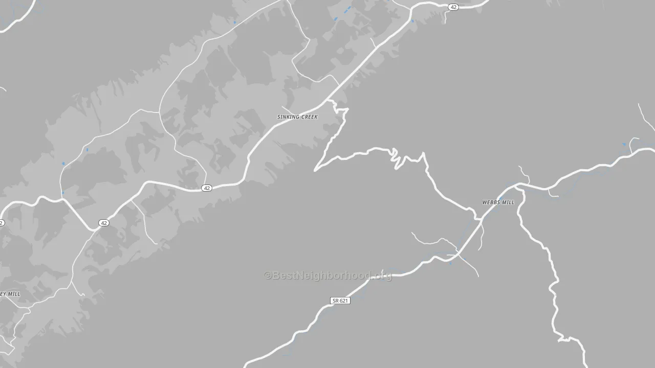Walk Grade map of Sinking Creek, VA, walkable areas in green and car-dependent areas in red