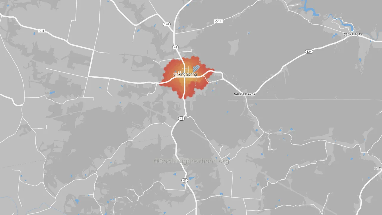 Walk Grade map of Sinking Spring, OH, walkable areas in green and car-dependent areas in red