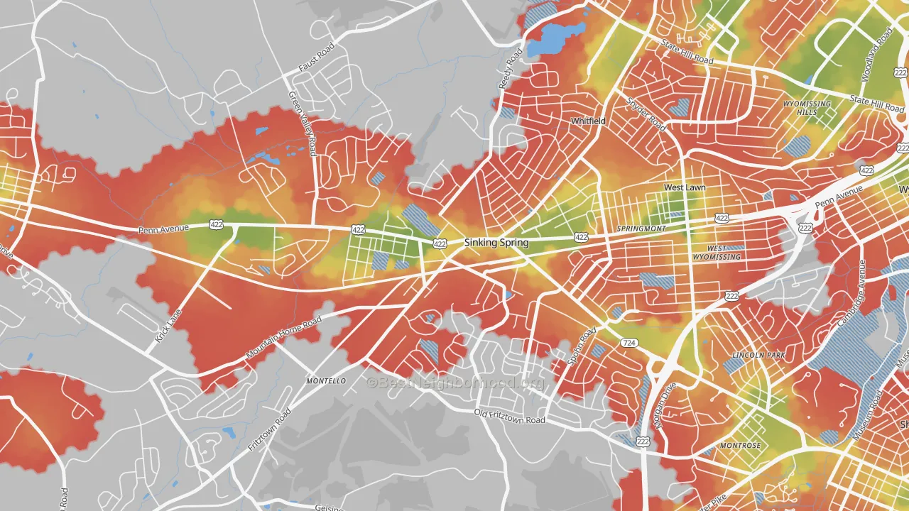 Walk Grade map of Sinking Spring, PA, walkable areas in green and car-dependent areas in red