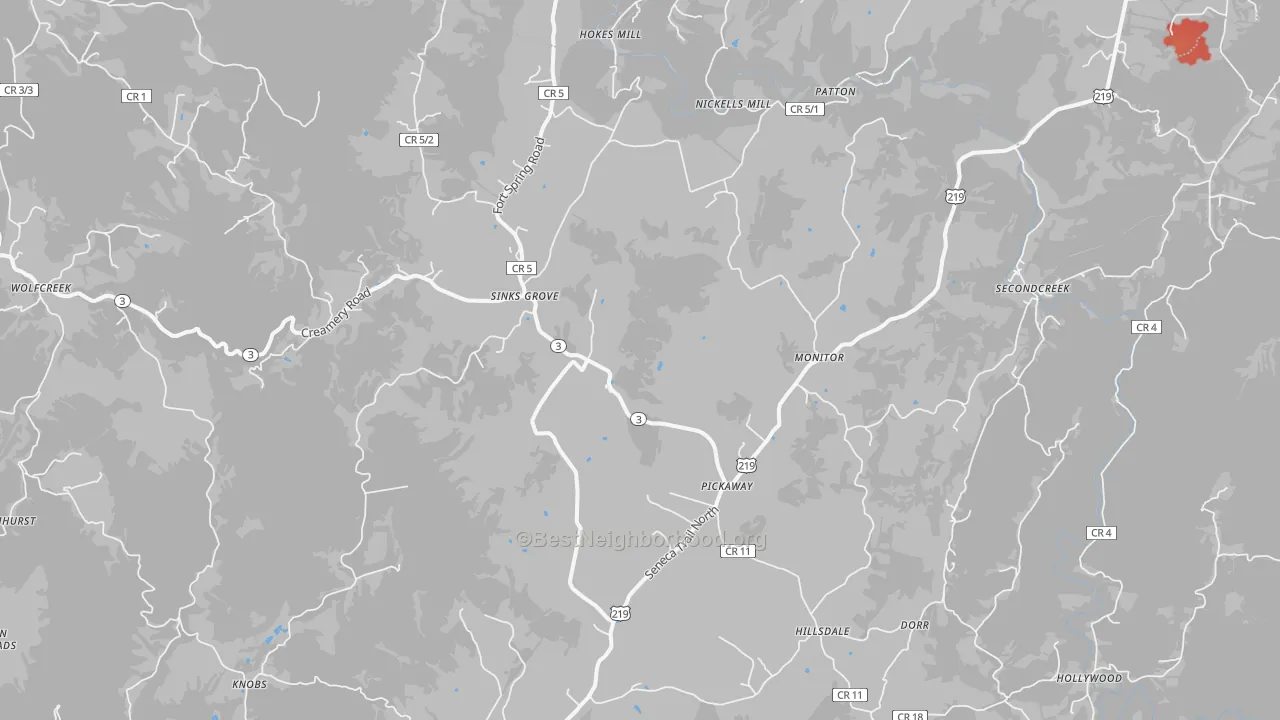 Walk Grade map of Sinks Grove, WV, walkable areas in green and car-dependent areas in red